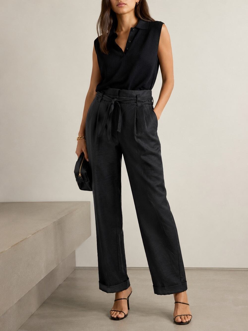 Marc Jacobs Womens Pants Size 0 High Rise Pleated Belted Black Minimalist Linen